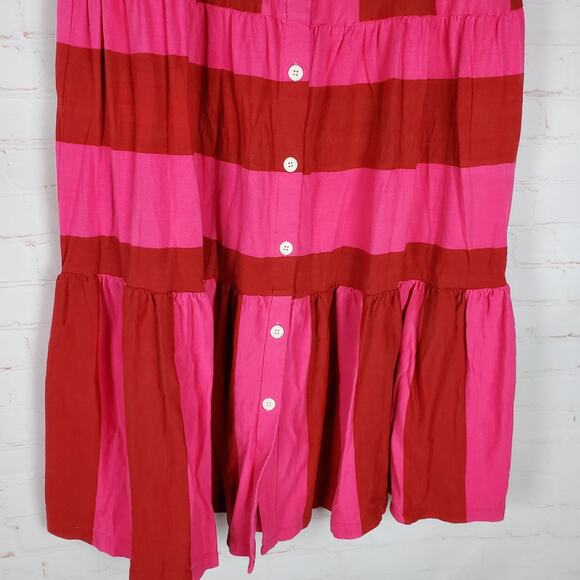 MDS Stripes Knit Tiered Button Front Maxi Skirt Size 2/M Pink Red Cotton Pockets - Picture 7 of 14
